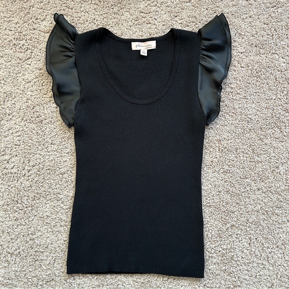 Philosophy Black Layered Flutter Sleeve Woven Rib Scoop Neck Top Size Large - Picture 8 of 14